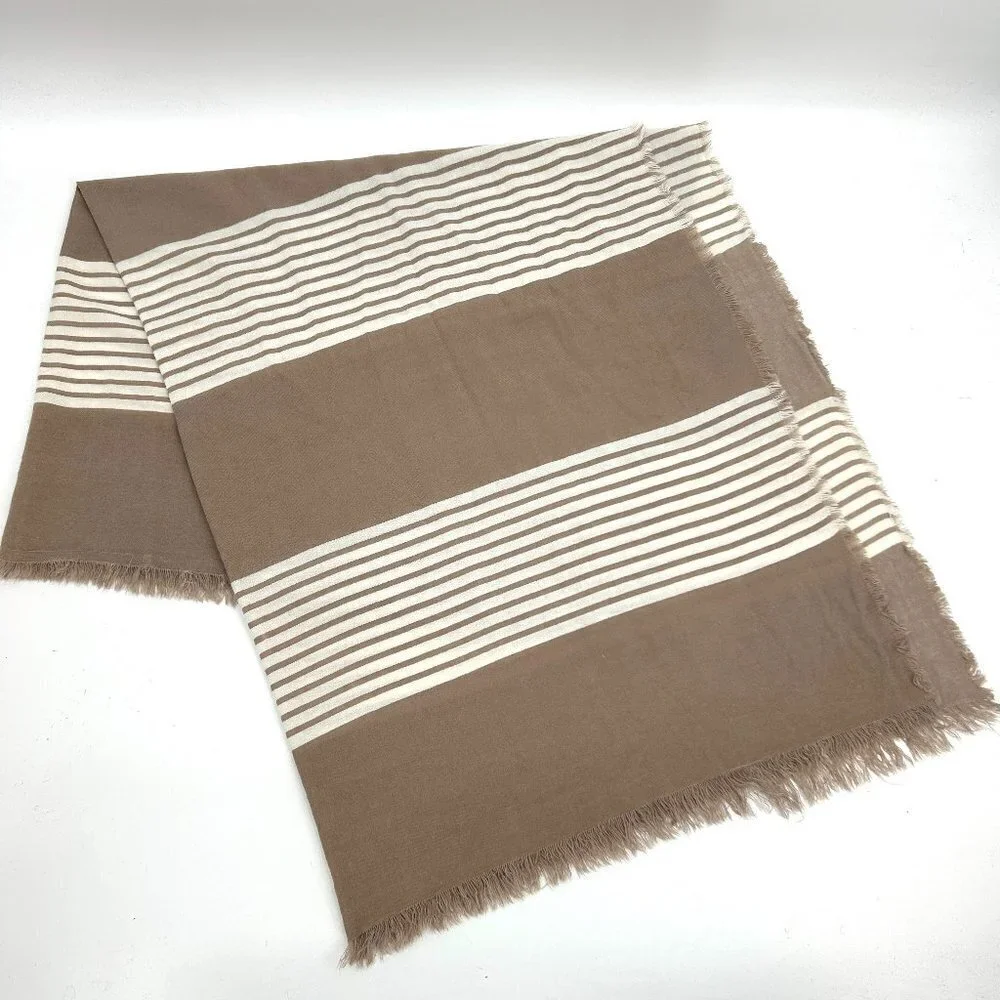 Brown Ivory Striped Fringe Large Scarf Wrap